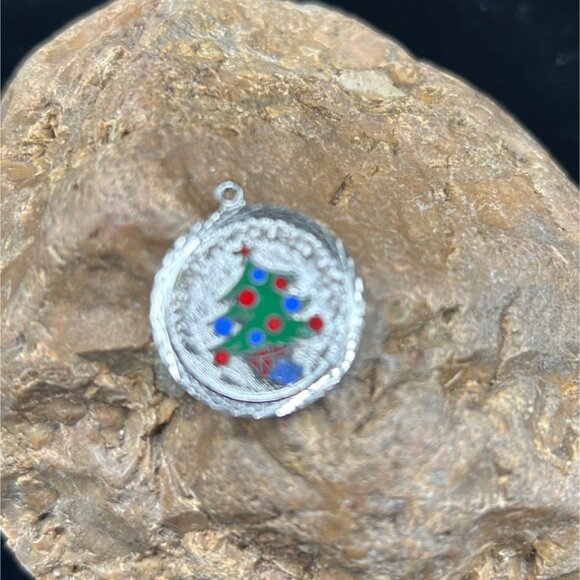 Merry Christmas Xmas Tree Disc Charm Sterling Silver Enamel - Picture 2 of 4